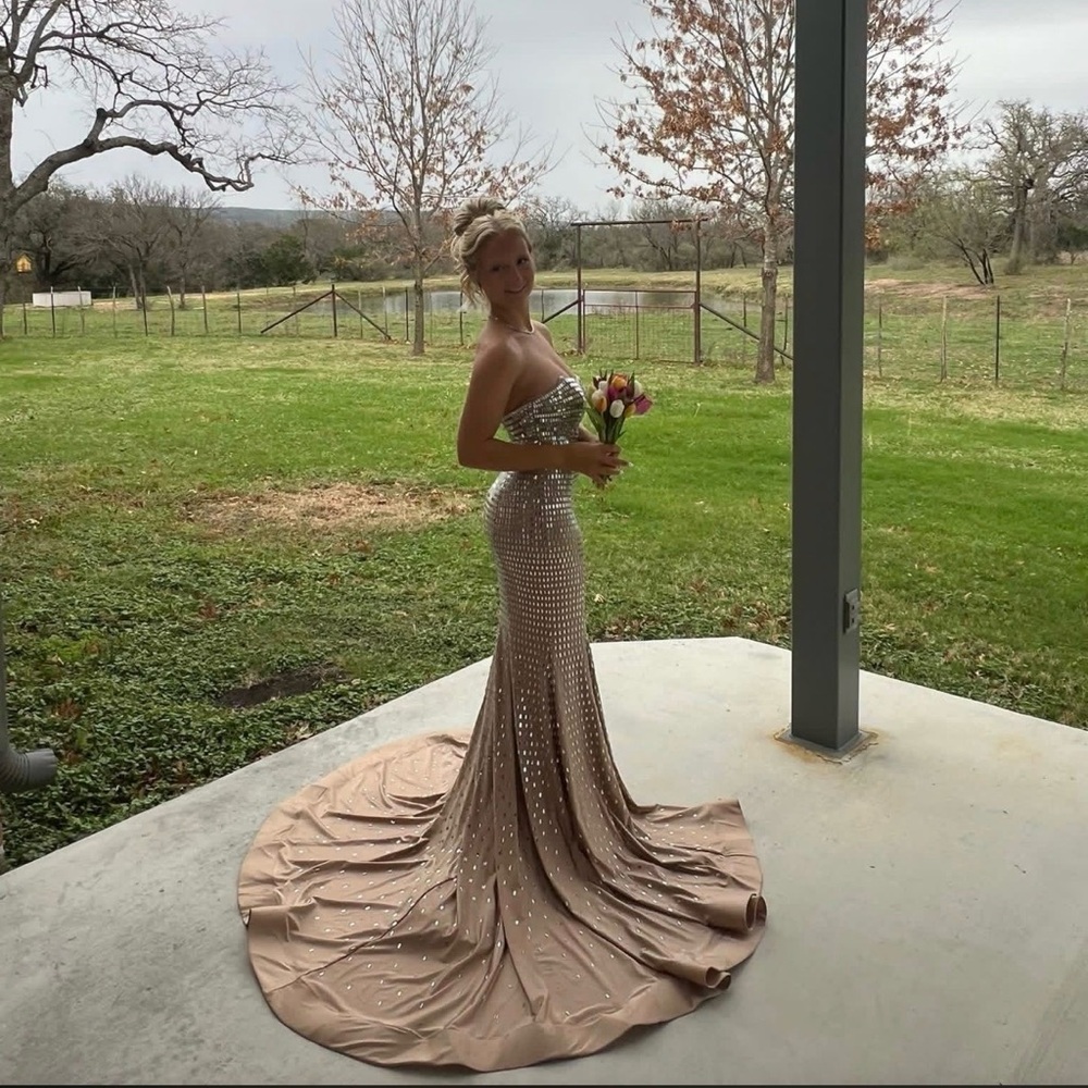 Strapless Nude and rhinestone Sherri Hill Prom dress